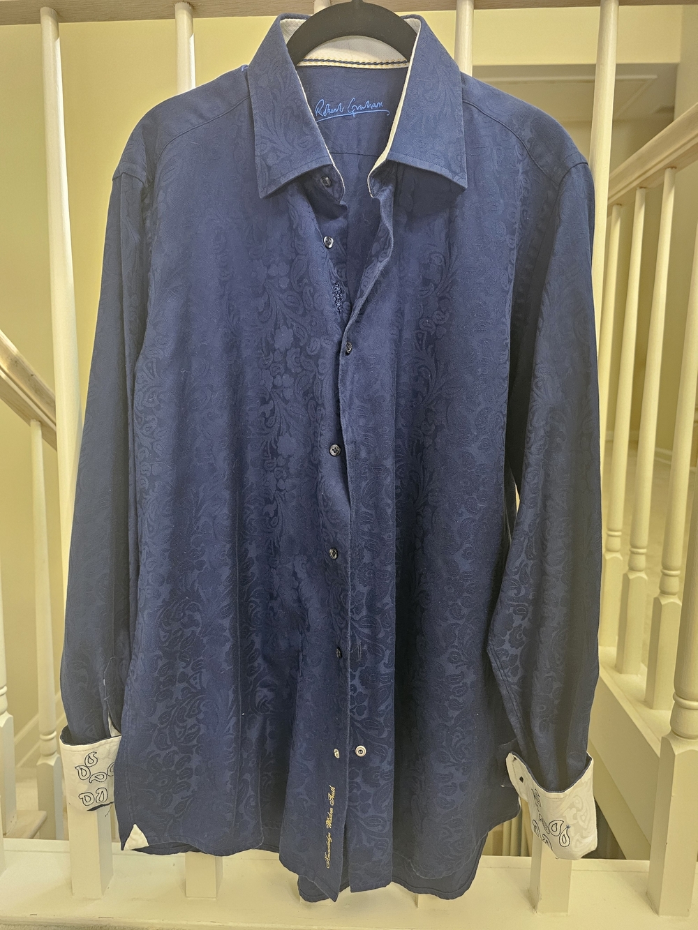 Robert Graham Navy Shirt with White Paisley-Embroidered Cuff